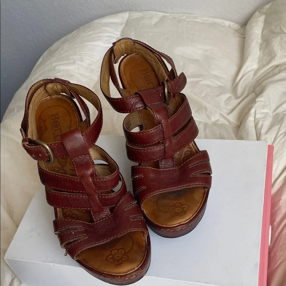 Born Burgundy Leather Wedge Sandals